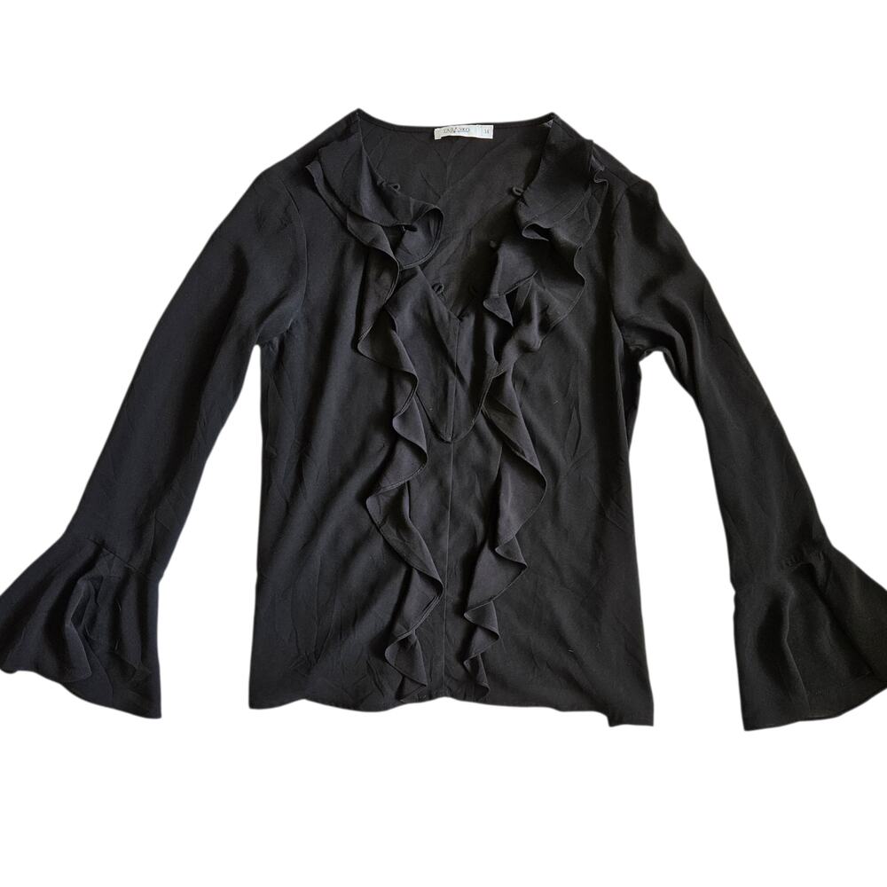 Euro Whimsigoth Blouse Ruffle Front Bell Sleeve Black - Size Large